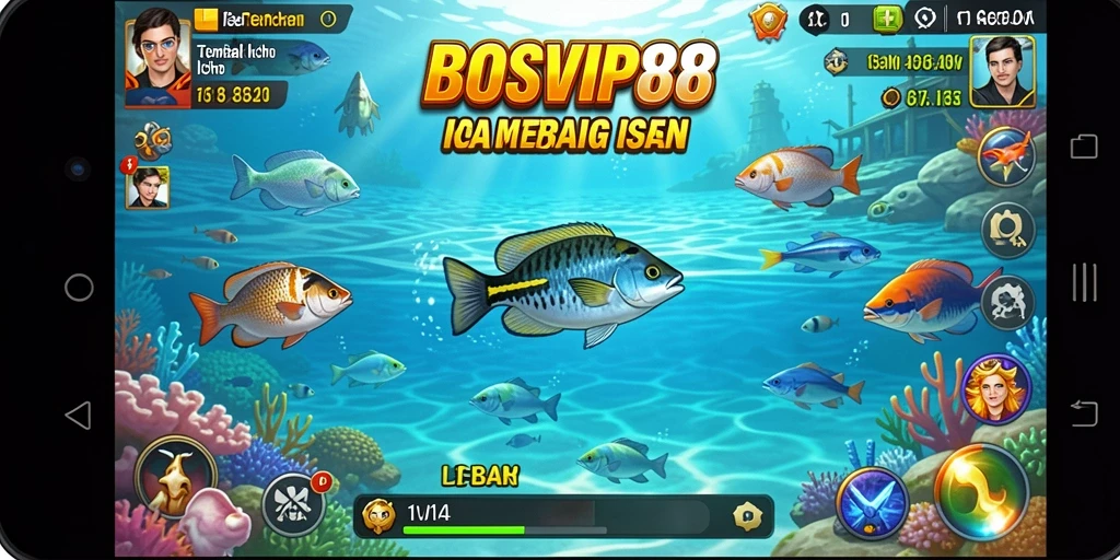 Gambar gameplay seru dari BOSVIP88 dengan ikan berwarna-warni.