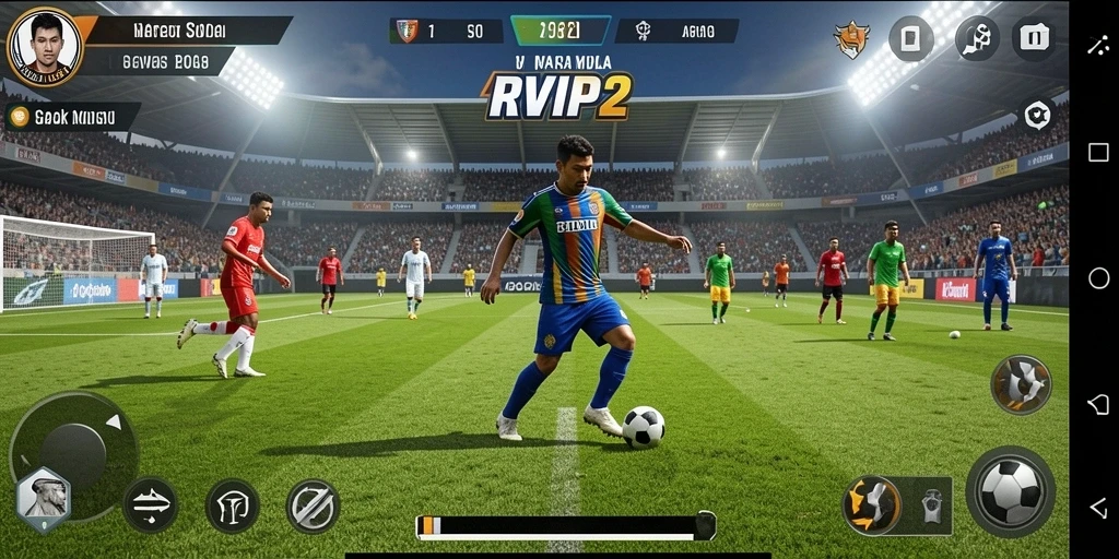 Tangkapan layar menunjukkan aksi intens di lapangan sepak bola RVIP2.
