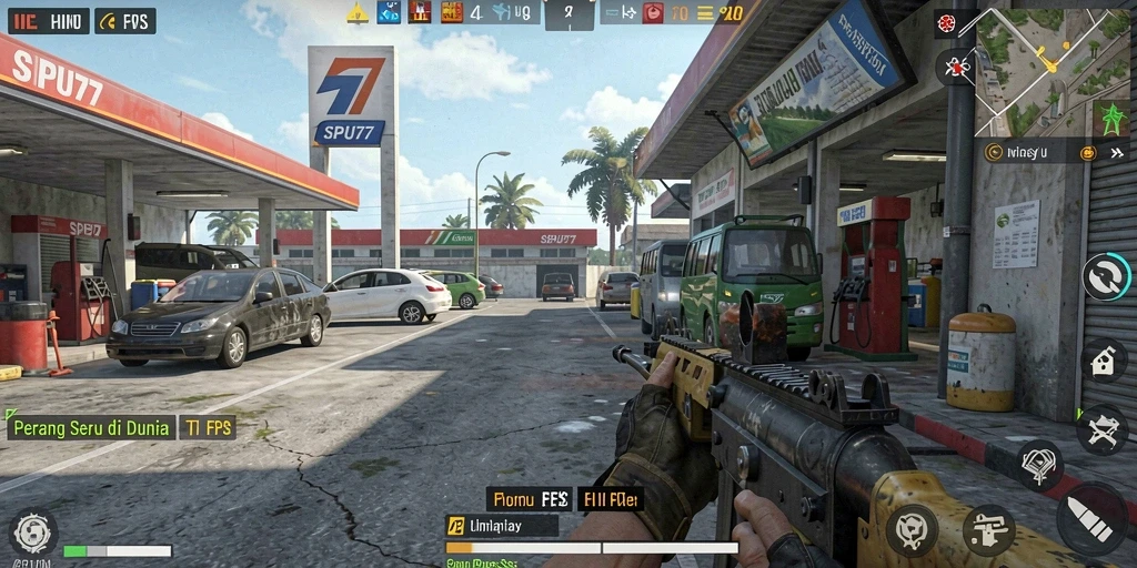 Tampilan gameplay SPBU77 yang mendebarkan dalam pertempuran FPS.