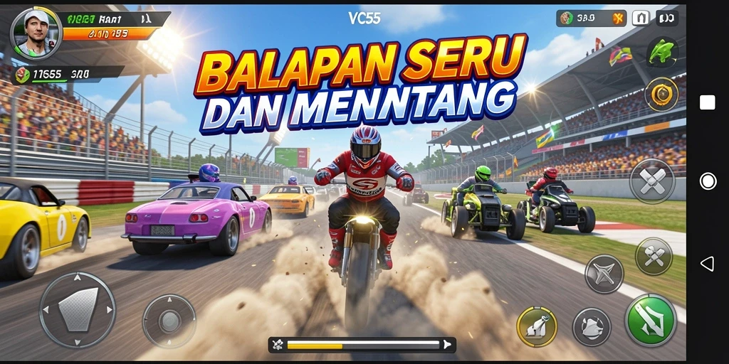 Screenshot VC55 menampilkan aksi balapan yang mendebarkan.