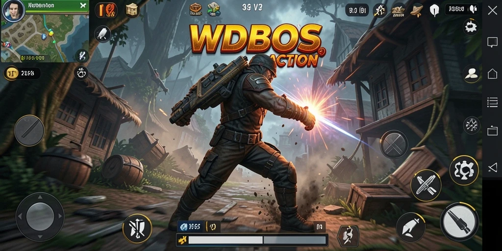 Tangkapan layar utama WDBOS menunjukkan pertarungan epik di dalam game Action.